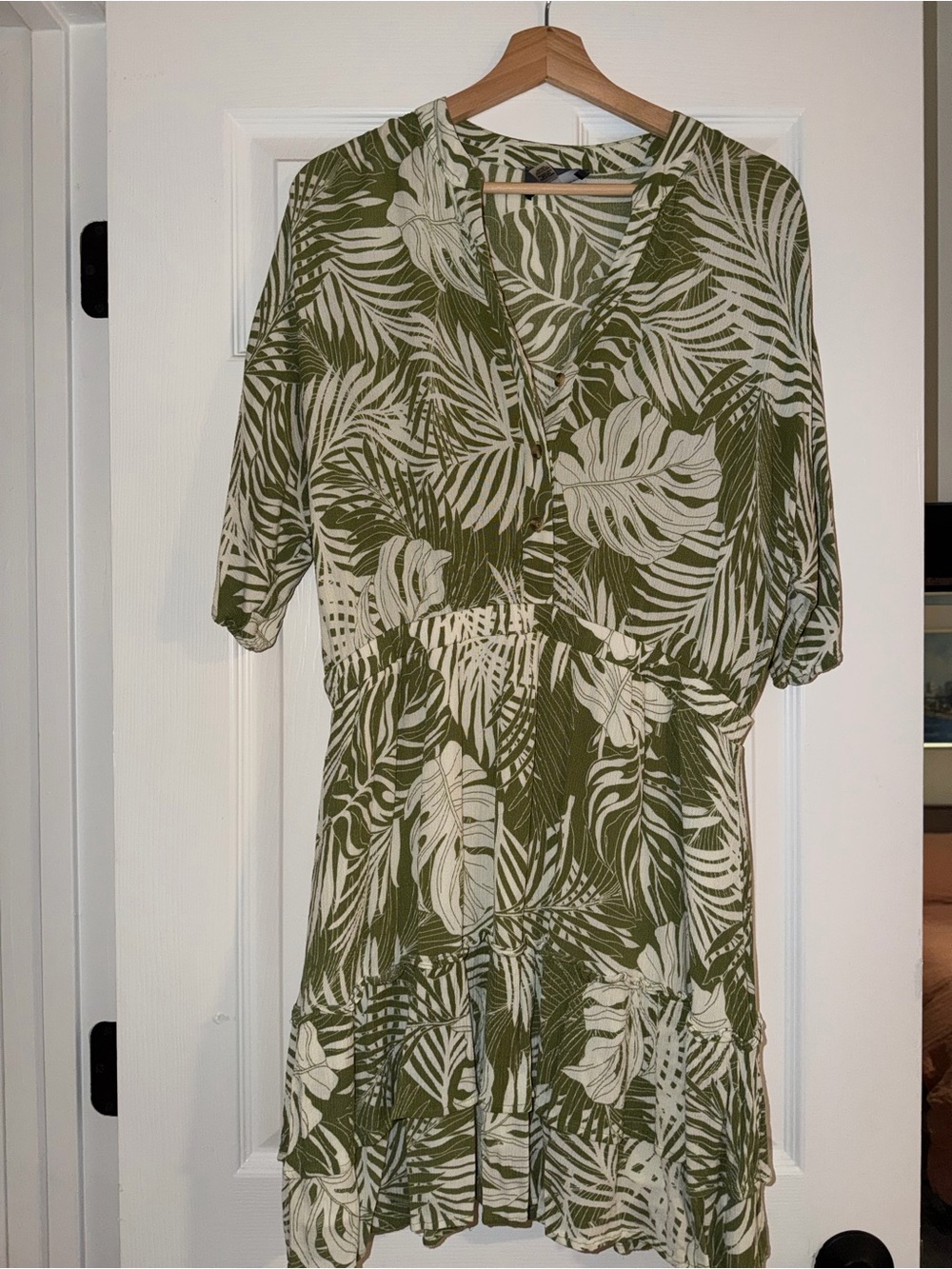Olive Green Tropical Print Swim Cover-Up Dress